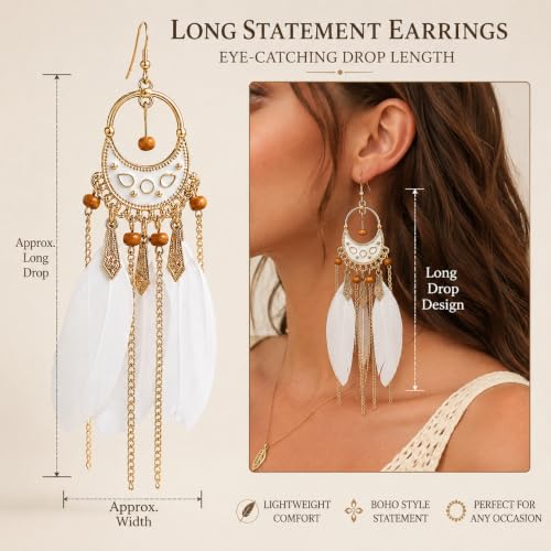 Boho White Feather Earrings for Women, Long Chain Chandelier Dangle Jewelry | Boho White Feather Earrings for Women, Long Chain Chandelier Dangle Statement Earrings for Beach Vacation, Festival and Party