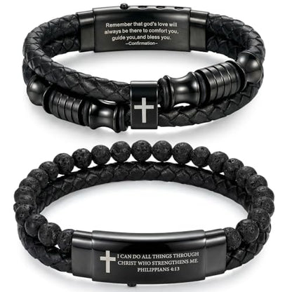 2 Pack Men's Inspirational Cross Bracelets, Double-Row Braided Leather Faith Bracelets, Stainless Steel Adjustable Cuff Bangle Bracelet Encouragement Motivational Gift for Men Teenage, Black