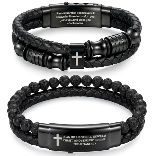 2 Pack Men's Inspirational Cross Bracelets, Double-Row Braided Leather Faith Bracelets, Stainless Steel Adjustable Cuff Bangle Bracelet Encouragement Motivational Gift for Men Teenage, Black