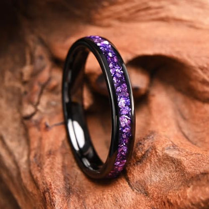 Tungsten Rings for Men and Women 8mm/4mm Men’s Wedding Bands | 8mm Black Inlaid Purple Galaxy Opal Fashion High Polished Suitable for engagement and anniversary parties comfortable fit - color: 4mm black and purple
