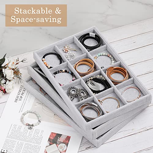 Emibele Bracelets Organizer Jewelry Tray, 12 Grids Velvet Tray Storage for Watches Rings Earrings, Stackable Jewelry Drawer Organizer Showcase Display Trays with Detachable Inner Dividers, Grey | Watches Rings Earrings Tray, Stackable Jewelry Drawer Organ