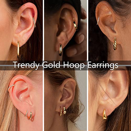 9 Pairs Gold Hoop Earrings for Women, 14K Real Gold Plated Chunky Hoop Earrings Set for Women Hypoallergenic Thick Lightweight Earring for Womens Jewelry Gifts - color: 14K-Gold-Plated