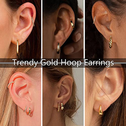 9 Pairs Gold Hoop Earrings for Women, 14K Real Gold Plated Chunky Hoop Earrings Set for Women Hypoallergenic Thick Lightweight Earring for Womens Jewelry Gifts - color: 14K-Gold-Plated