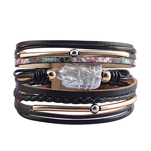 GelConnie Leather Cuff Bracelet Baroque Pearl Wrap Bracelet Gorgeous Gold Tube Bangle Boho Bracelet Bohemian Wristband Jewelry Gift for Women Wife - color: Girls Leather Bracelet-Black