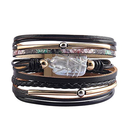 GelConnie Leather Cuff Bracelet Baroque Pearl Wrap Bracelet Gorgeous Gold Tube Bangle Boho Bracelet Bohemian Wristband Jewelry Gift for Women Wife - color: Girls Leather Bracelet-Black