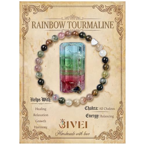 Bivei Crystal Stretch 6mm Bracelets for Women | Handmade Natural Stone Beaded Stretch Bracelet, Stainless Steel Heart Bead, Tranquility Yoga Gift Jewelry for Women - color: Rainbow Tourmaline - Balancing