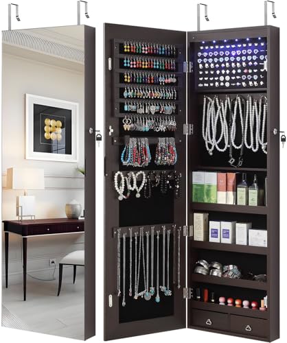 GISSAR Full Length Mirror Jewelry Cabinet, 6 LEDs Jewelry Armoire Wall Mounted Over The Door Hanging, Jewelry Organizer Storage with Lights Lockable, Brown, 14.6" x 47.2" - color: Brown