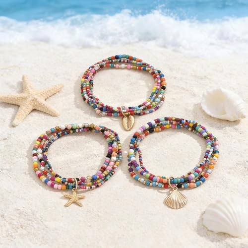 Starfish Shell Anklet Bracelets for Women, Boho Beaded Shell Anklet Set, Beach Vacation Foot Jewelry, Layered Summer Beachy Anklets - color: A3