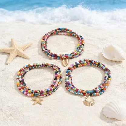 Starfish Shell Anklet Bracelets for Women, Boho Beaded Shell Anklet Set, Beach Vacation Foot Jewelry, Layered Summer Beachy Anklets - color: A3
