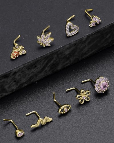 Tornito 16Pcs Nose Stud Rings L Screw Shaped Nose Ring Flower Snake Butterfly Heart Eye CZ Dangle Nose Rings Stud Body Piercing Jewelry for Women Men 20G Silver Pink Tone - color: E:Pink CZ(L Shaped)