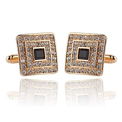 Black and Silver Gold Concentric Diamond Clear Crystal Dust Cufflinks, AILUOR Tuxedo Shirt Cufflinks French Style Shirt Studs - color: Gold