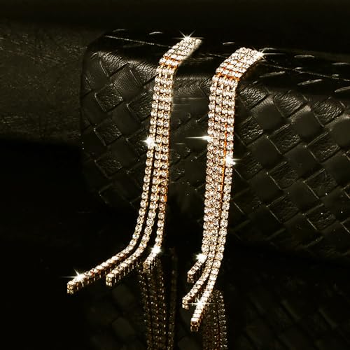 Sparkly Rhinestone Long Tassel Dangle Earrings Crystal Chandelier Dangle Drop Earrings Wedding Party Prom Earrings Jewelry for Women Gifts - color: Gold