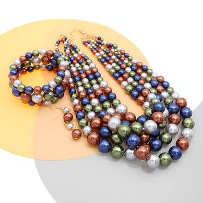 JNF Large Faux Pearl Necklaces for Women Multi strand Pearl Necklace Bracelet and Earrings Set 1920s Costume Pearls Necklace Jewelry Accessories - color: dark multi Color