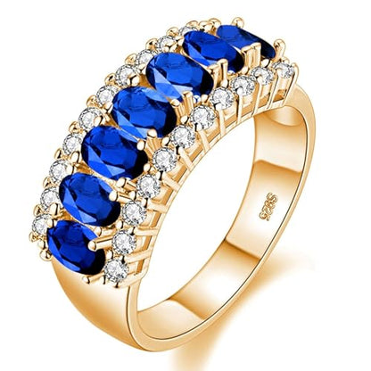 Uloveido Beautiful Women's 7 Stones Wedding Band Oval Cubic Zirconia Engagement Anniversary Rings J501 - color: Gold-Dark Blue