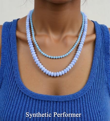 CASDAN 2Pcs Natural Gemstone Beaded Choker Necklaces for Women | Boho Colorful Beads Choker,Natural Stone Surfer Beach Necklaces,Handmade Summer Jewelry,Charm Trendy Necklaces - color: Light blue