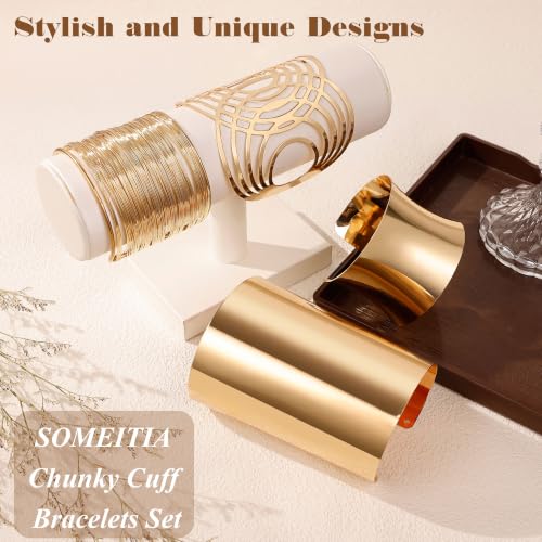4PCS Chunky Cuff Bracelets Set for Women Hammered Chunky Bracelets Adjustable Open Wide Wire Bracelets Irregular Minimalist Coil Bangle Set Gold Silver Upper Arm Punk Jewelry - color: Gold A