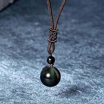 Jovivi Healing Crystals Necklace Natural Tiger Eye Amethyst Lucky Blessing Protection Chakra Beads Stone Pendant for Women Men Adjustable - color: Obsidian Stone + Brown Rope