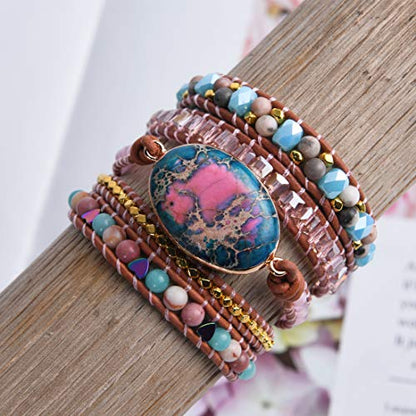 YGLINE Boho Handmade Natural Stone Wrap Bracelets Jasper Crystal Beads Bracelet Jewelry - color: jasper 1-5wrap