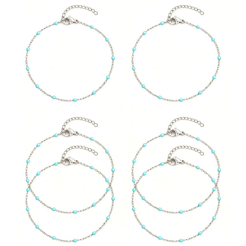 6 PCS Enamel Beaded Chains Bracelet Stainless Steel Link Bracelets | 6.7"+1.18", With Extender Chain, Fashion Jewelry Set, Gift For Women, Colorful, No Fade - color: Light Blue Silver