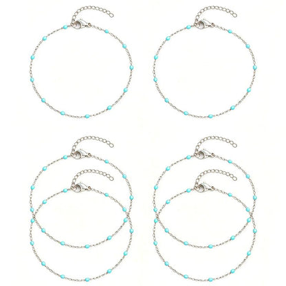 6 PCS Enamel Beaded Chains Bracelet Stainless Steel Link Bracelets | 6.7"+1.18", With Extender Chain, Fashion Jewelry Set, Gift For Women, Colorful, No Fade - color: Light Blue Silver