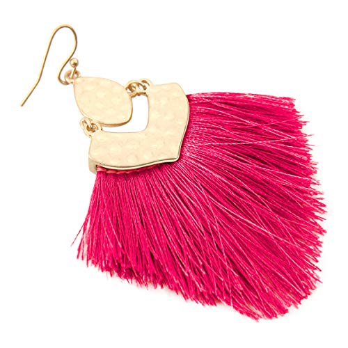Bohemian Thread Tassel Drop Earrings - Geometric Petal Fan Fringe Feather Statement Chandelier Duster Dangles - color: Boho Tassel Chandelier - Hot Pink