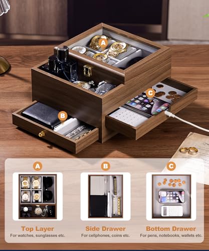 Homde Wooden Watch Box for Men: 3-Layer Organizer with 4 Watch Pillow | 4 Watch Pillows and 2 Drawers for Jewelry and Accessories-Nightstand Display-Clear Lid and Charging Hole for Easy Access