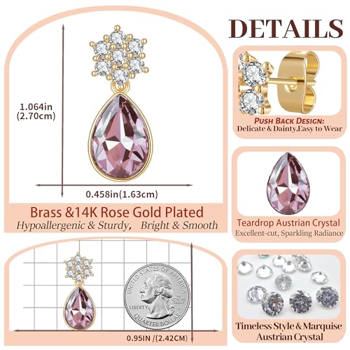 Elegant Austrian Crystal Teardrop Dangle Earrings for Women,14K Gold Plated Flower Drop Earrings Jewelry Gift for Birthday Wedding Anniversary - color: Antique Pink