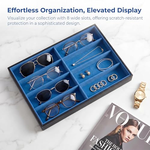 Stratalife 8 Grids Drawer Sunglasses Organizer Tray, Blue PU Velvet | Stackable Eyeglasses Storage Case with Removable Dividers, Jewelry Display Case for Necklace Bracelet, 13.78x9.5x1.2inch - color: Blue