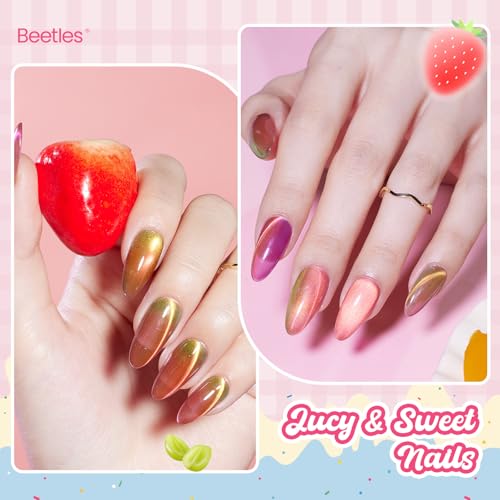 Beetles Fruit Magnet Cat Eye Gel Nail Polish Set, 6 Colors Glass Cat Eye | Glitter Gel Polish Kit Pink Purple Blue Yellow Green Magnetic Shine Soak Off UV Salon DIY Manicure Gift for Women - color: 0-0-0-Fruit Magnet