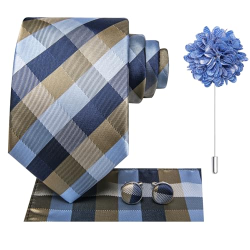 Hi-Tie Men's Silk Ties Formal Woven Classic Necktie Pocket Square Cufflinks Lapel Pin Set Wedding Business - color: A Navy Blue and Grey