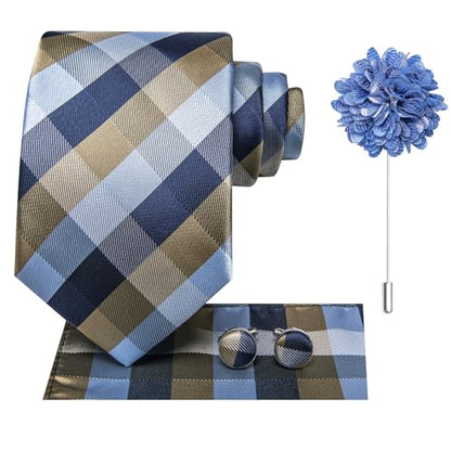 Hi-Tie Men's Silk Ties Formal Woven Classic Necktie Pocket Square Cufflinks Lapel Pin Set Wedding Business - color: A Navy Blue and Grey