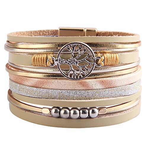 GelConnie Leather Wrap Bracelet Boho Cuff Bracelets Crystal Leather Bracelet Magnetic Multi Strand Bracelets Bohemian Bracelet Leather Wristbands Bangle Jewelry for Women Teen Wife Mother - color: Tree of Life Leather Bracelet