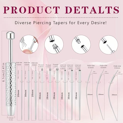 Piercing Tapered Ball Grabbing Tool for Jewelry Replacement - 14G 16G 18G 20G Stainless Steel Flat Back Earring Applicator Tool Threaded, Internal Threaded, External Threaded Body Piercing Insertion Needle Kit for Ear/Nose/Navel/Nipple/Lip/Eyebrow/Tongue