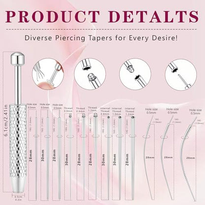Piercing Tapered Ball Grabbing Tool for Jewelry Replacement - 14G 16G 18G 20G Stainless Steel Flat Back Earring Applicator Tool Threaded, Internal Threaded, External Threaded Body Piercing Insertion Needle Kit for Ear/Nose/Navel/Nipple/Lip/Eyebrow/Tongue