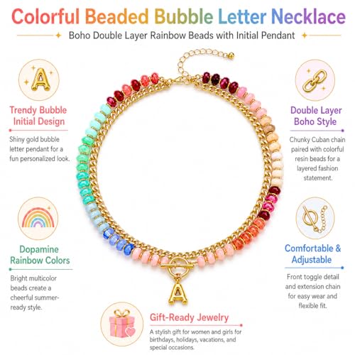 Colorful Beaded Bubble Letter Necklace For Women, Boho Double Layer Dopamine Rainbow Resin Beads Thick Cuban Chain Chunky With Initials Pendant Necklaces Summer Beach Jewelry Gift ﻿ - color: Dop A