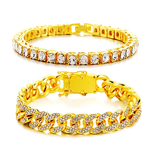 HH BLING EMPIRE 14K Gold and Silver Bracelets Diamond Tennis and Cuban Link Bracelet for Men Women Hip Hop Jewelry - color: Set A-Gold, size: 8.5"