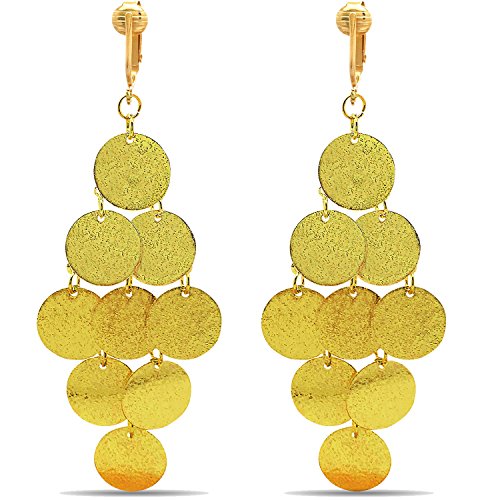 Gold Tone Non Pierced Clip On Dangling Earrings - style: Glitter Round Dangle