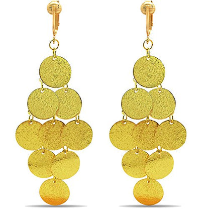 Gold Tone Non Pierced Clip On Dangling Earrings - style: Glitter Round Dangle