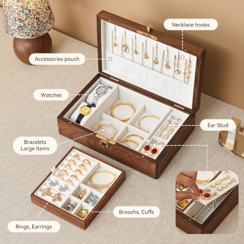 Black Walnut Wooden Lockable Jewelry Box, 2 Layer Large Wood Jewelry Organizer with Removable Tray for Necklace Ring Earrings Watch Bracelet, Handcrafted Velvet Lined Case Gifts for Mom Women Girls - color: 2 Layer Large Lockable