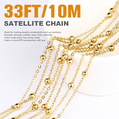 33FT 2mm Gold Satellite Bead Chains Roll Bulk for Jewelry Making Necklace | 18K Gold PVD Plated 304 Stainless Steel Ball Beaded Link Chains Spool for DIY Craft - color: Gold Big Beads Satellite Cable Chain