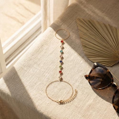 Hand Chain Bracelet Ring Set,4PCS 18K Gold Plated Stack Bracelets, Adjustable Trendy Dainty Ring Bracelet, Beach Theme, Women
