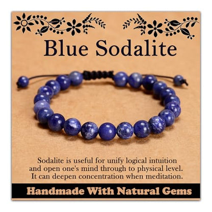 468Handmade Adjustable Natural Gemstone Crystal Bracelet Healing Power Energy Inspirational Gifts with Card for Unisex - color: 08-Blue Sodalite(Wisdom), size: 8mm