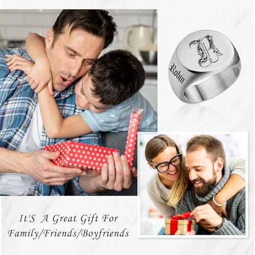 Custom Signet Ring for Men Personalized Initial Ring Custom Mens Rings Engraved Ring Customized Memorial Graduation Gifts for Father Husband Boyfriend Friends - color: Round Silver