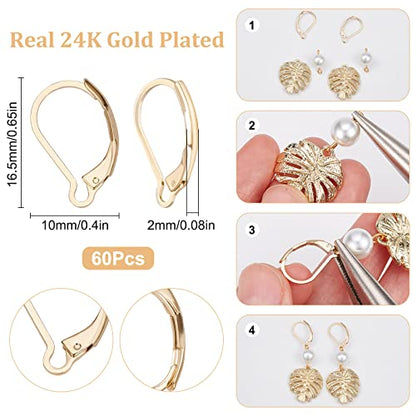 SUNNYCLUE 1 Box 60Pcs Real 24K Gold Plated Leverback Earring Findings French Earring Hooks 16.5x10mm Leverbacks Lever Back Earwires for Jewellery Making Women Adults DIY Dangle Earrings Supplies - color: 60pcs Real 24k Gold Plated Stainless Steel Leverbac