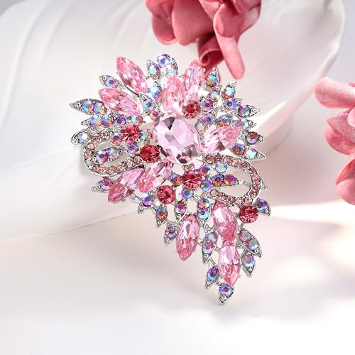EVER FAITH Women's Austrian Crystal Wedding Flower Leaf Bouquet Brooch - color: Pink Silver-Plated-Base