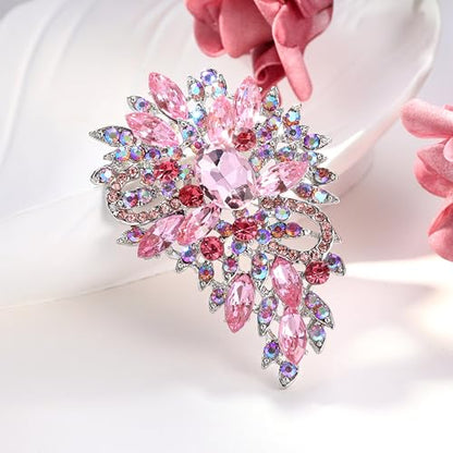 EVER FAITH Women's Austrian Crystal Wedding Flower Leaf Bouquet Brooch - color: Pink Silver-Plated-Base