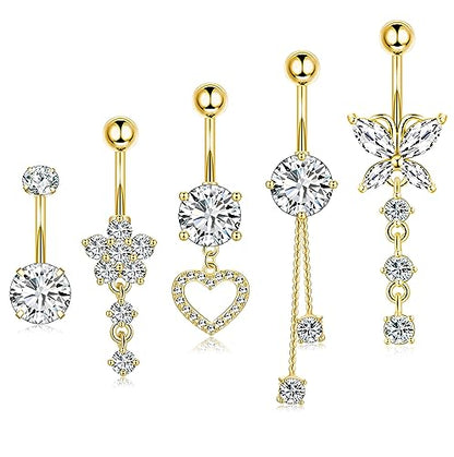 Leocuci Surgical Stainless Steel Dangle Belly Button Rings for Women Belly Ring Dangling Piercing Jewelry with Heart Flower Butterfly14G - color: gold