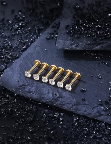 16G ASTM F136 Titanium Surgical Steel Internal Thread Flat Back Studs Earrings Lip Rings Labret Medusa Helix Tragus Cartilage Earring stud Piercing Jewelry for Women Men Silver Black Gold - style: 16g/4mm Clear cz/Gold 10mm
