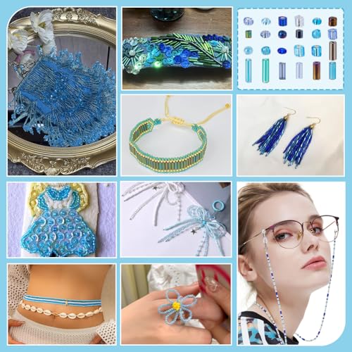 PH PandaHall 16100pcs Glass Seed Beads 24 Style 2mm Small Round Waist Bead 12/0 Ocean Blue Bugle Beads Tube Bead for Christmas Friendship Bracelet Jewelry Making Embroidery Beading Weaving DIY Craft