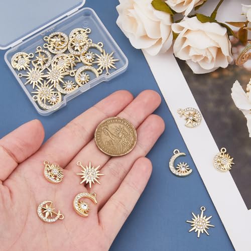 DICOSMETIC 24Pcs 4 Styles Alloy Sun Moon Star Charms Rhinestone Crystal Sun Charms Golden Celestial Charm for Jewelry Making Bracelets Necklace, Hole: 1.4-1.8mm